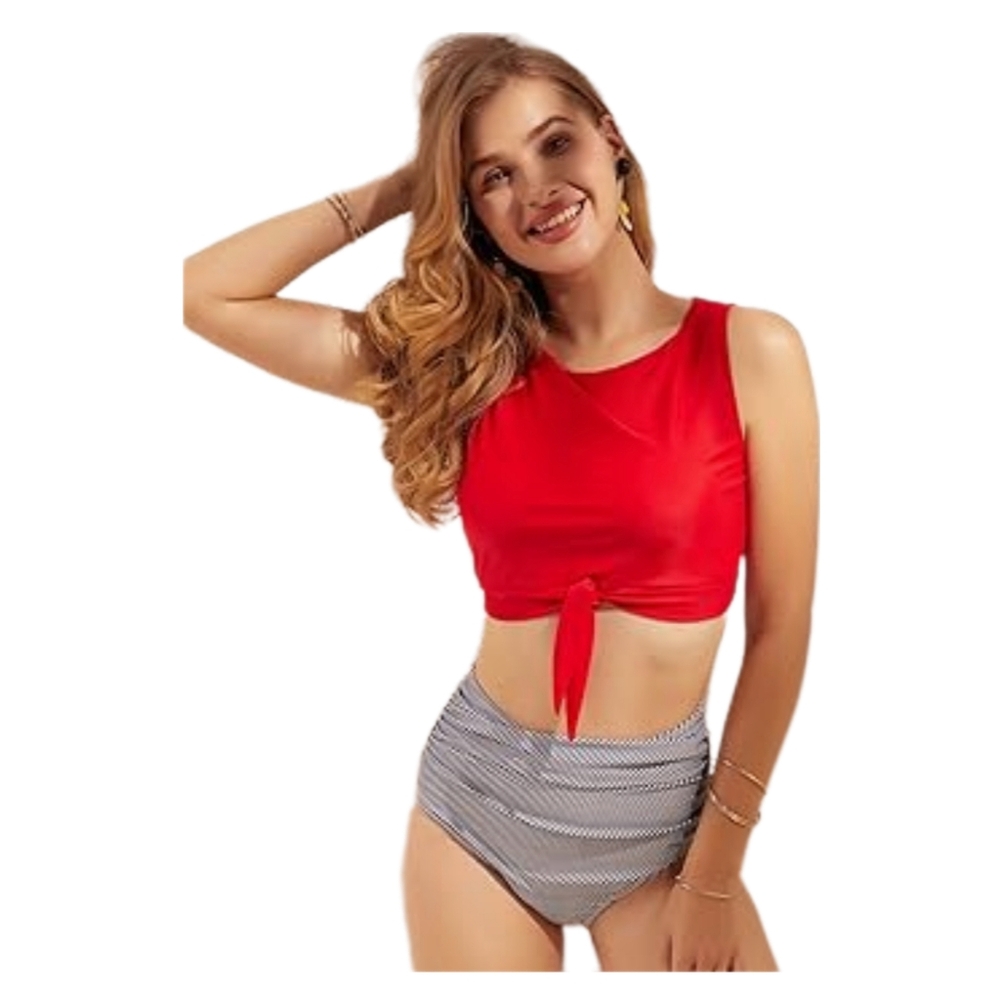 Women's High Waisted Bikini Set Tie Knot Front Crop Top Two Piece Swimsuits - XL